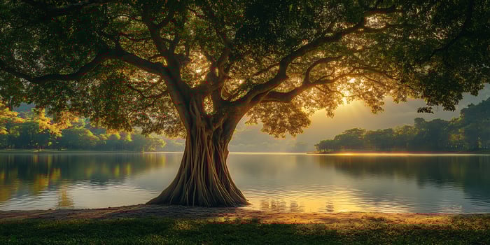 Majestic Tree at Lake's Edge During Sunset with Golden Light and Calm Reflections on Water photo