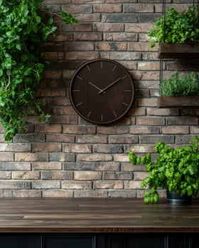 Dark wood clock on brick wall with herbs photo