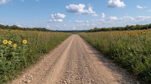 Gravel road through a field of sunflowers on a sunny day photo