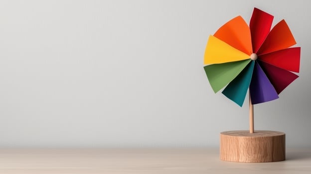 Rainbow paper windmill on wooden base photo