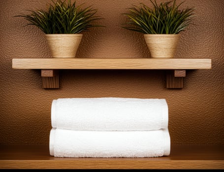 Spa bathroom shelf with white towels and plants photo