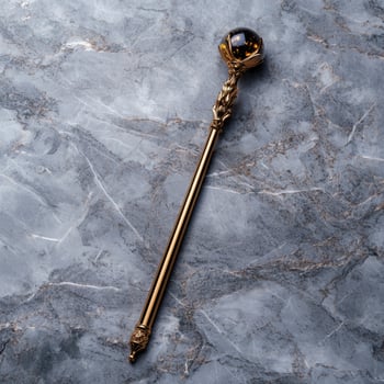Golden ornate scepter with a crystal ball top on a marble background photo