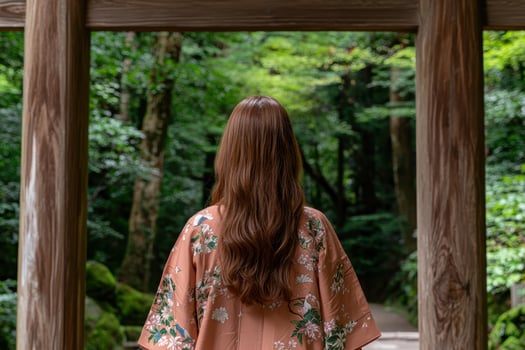 Woman in traditional Japanese clothing admires a serene forest scene photo