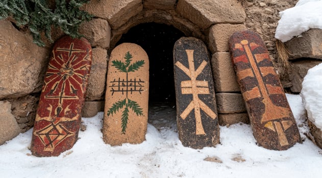 Ancient painted wooden shields stand in the snow outside a stone doorway photo