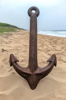 Rusty anchor on a sandy beach with ocean waves in the background photo