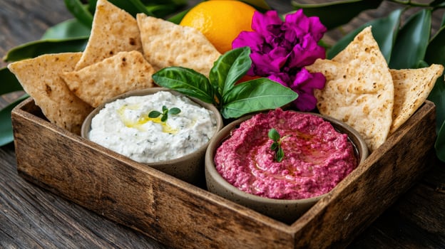 Delicious beetroot hummus and creamy tzatziki with pita bread photo