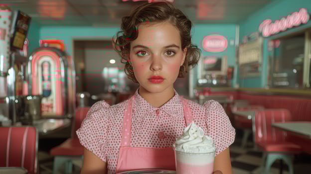 Smiling waitress in a retro diner holds a milkshake photo