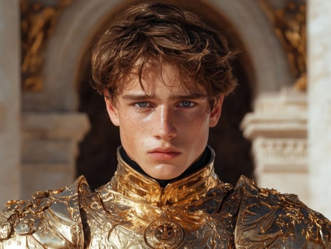 Portrait of a serious young man in golden armor photo