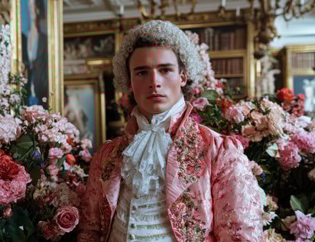 Portrait of a young man in a pink rococo style jacket, surrounded by flowers photo