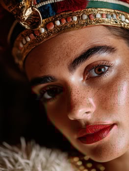 Close up portrait of a woman wearing a gold headpiece with red and blue stones photo