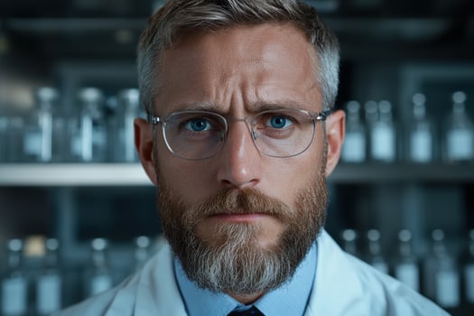 A very serious scientist in lab coat looking at the camera photo