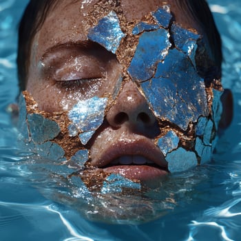 Woman with cracked gold and blue face submerged in water photo