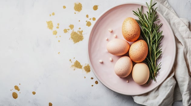 Elegant Easter composition with pastel speckled eggs and fresh rosemary on a plate. Minimalist festive setting, spring holiday decor, soft neutral tones, modern celebration, stylish design. photo