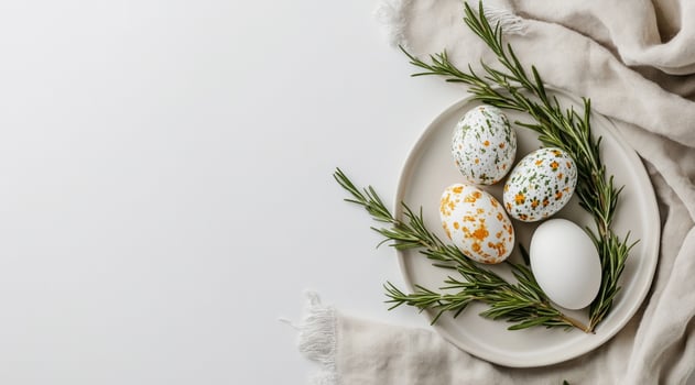 Pastel Easter eggs with golden speckles and rosemary on a pink plate. Minimalist holiday decor, spring celebration, soft tones, elegant seasonal setup, modern festive aesthetic. photo