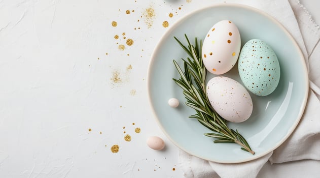Spring Easter table setting with pastel eggs and rosemary on a plate. Modern holiday decoration, delicate seasonal vibes, stylish festive decor, rustic elegance. photo