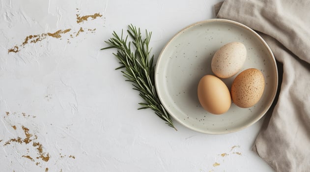 Easter eggs with golden splatters and rosemary twigs on a pastel plate. Fresh spring aesthetic, delicate festive decor, modern holiday setup, stylish simplicity. photo