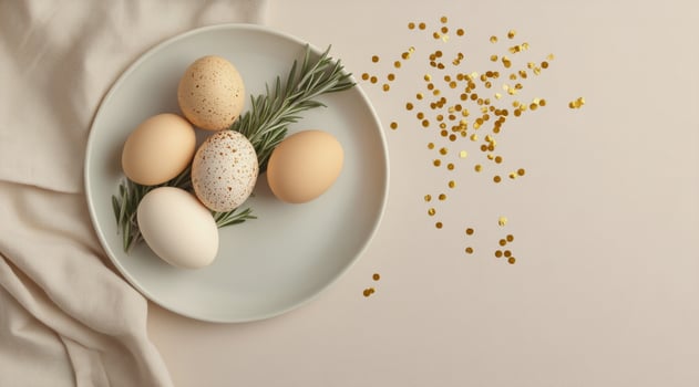 Minimalist holiday decor with speckled Easter eggs and rosemary sprigs. Elegant seasonal arrangement, soft pastel hues, fresh spring celebration, modern table styling. photo
