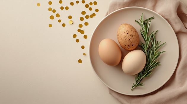 Soft pink Easter eggs with gold accents on a stylish plate. Modern seasonal decoration, delicate festive atmosphere, pastel holiday aesthetic, elegant spring vibes. photo