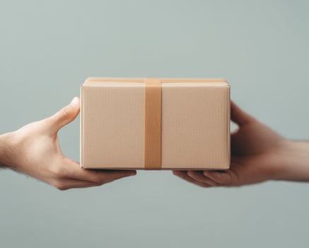 person receiving package from another hand, showcasing delivery scene. hands are exchanging cardboard box with strap, symbolizing service and connection photo