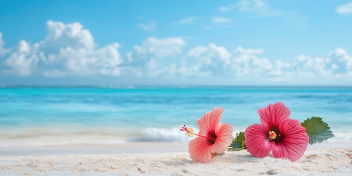 Lush tropical beach with vibrant hibiscus flowers and clear blue water photo