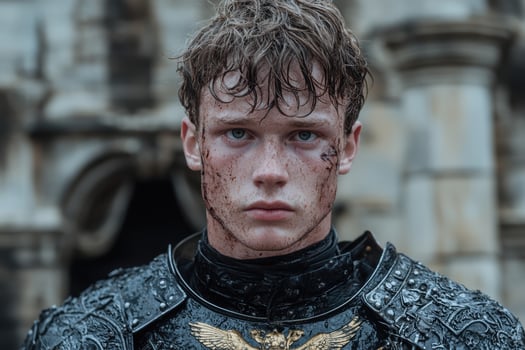 Portrait of a young warrior covered in mud and blood photo