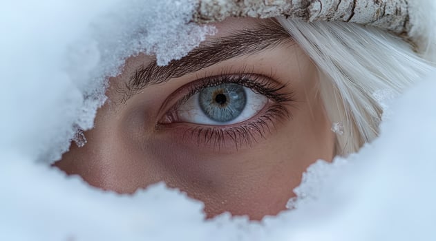 Close up of a womans blue eye peeking through snow photo
