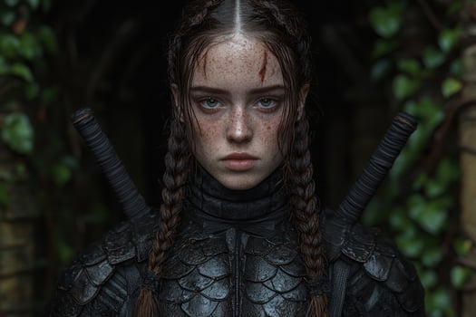 Female warrior with swords, fantasy portrait photo