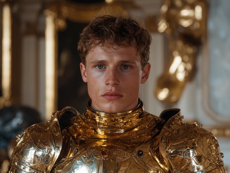 Portrait of a young man in golden armor. photo