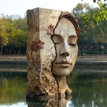 Stone face sculpture in a pond, autumn leaves photo