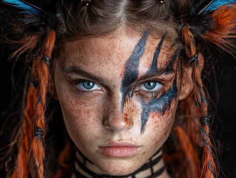 Close up portrait of a young woman with warrior makeup and elaborate hairstyle photo