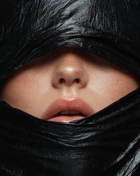 Close up of a womans face partially covered by black leather, mysterious and sensual photo