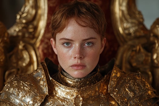 Young woman in golden armor sits on a throne photo