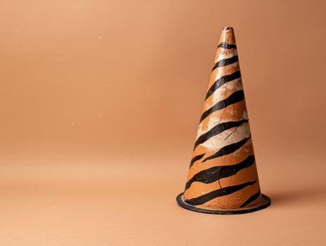 Tiger striped traffic cone on a beige background photo