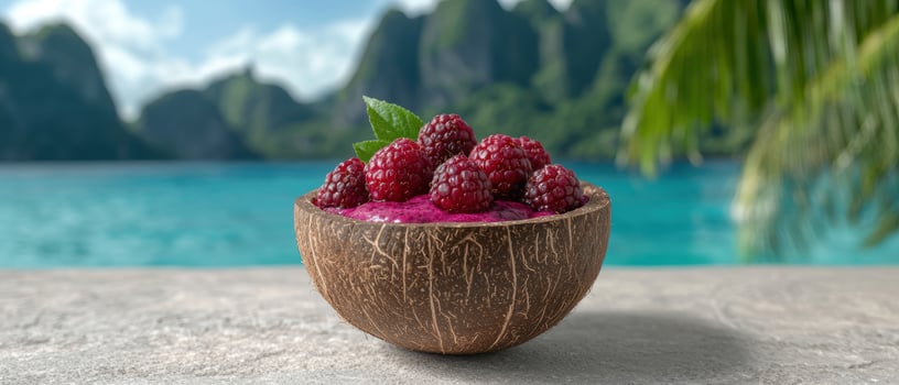 Delicious raspberry smoothie bowl in coconut shell on tropical beach photo