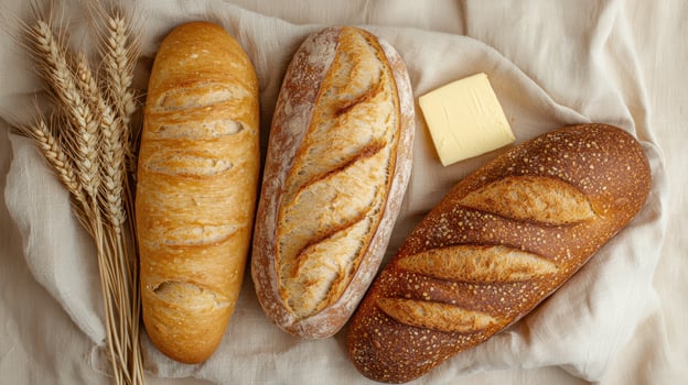 Three loaves of bread and butter on a linen tablecloth photo