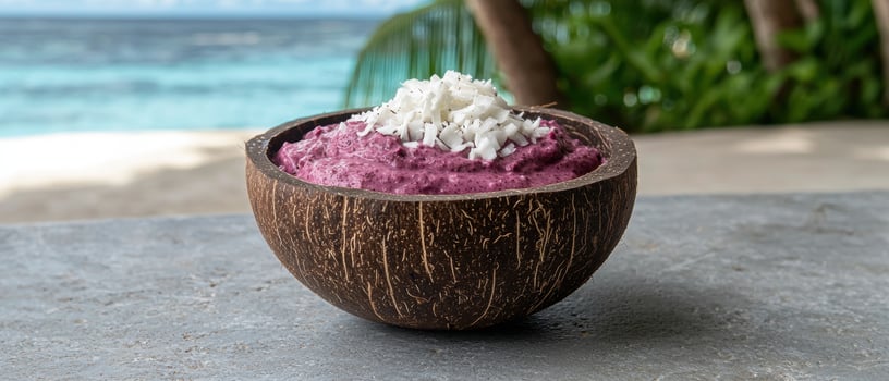 Acai bowl with coconut flakes on a tropical beach photo