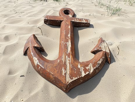 Rustic wooden anchor on sandy beach photo
