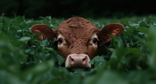 Close up of a curious calf peeking from lush green foliage photo