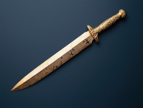 Ornate golden dagger with intricate damascus steel blade photo