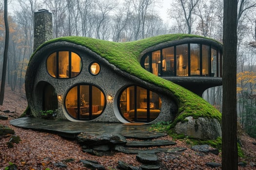 Mushroom house blending with nature in a forest setting during autumn photo