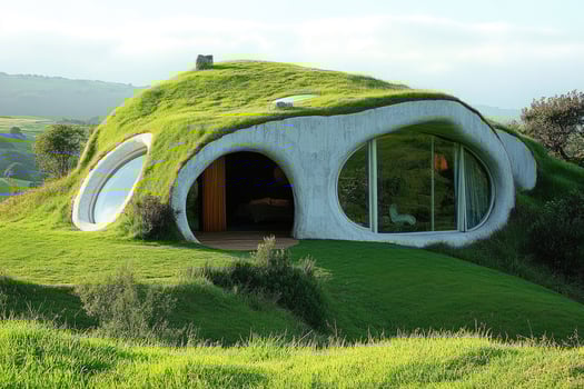 Modern eco-friendly underground house blending with nature in green landscape photo