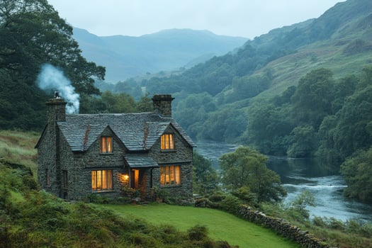 Cozy stone cottage nestled in tranquil valley at dusk with smoking chimney photo