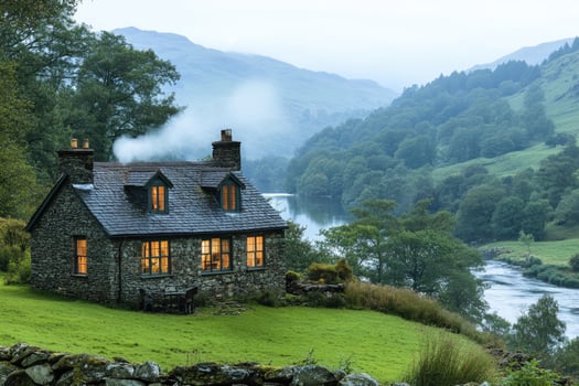 Cozy stone cottage overlooking scenic river valley in the evening photo