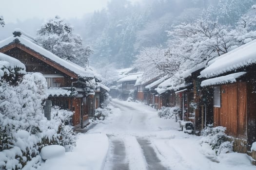 Snow falling on traditional japanese houses in winter photo