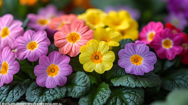 Colorful primrose flowers blooming in spring garden photo