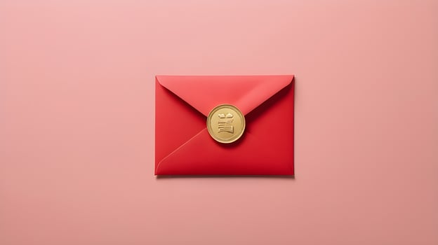 A simple yet striking arrangement of a red envelope hongbao with a gold coin on a smooth background, with ample space for adding a message. photo