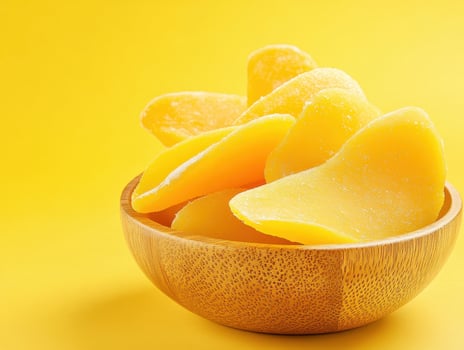 Dried mango slices in wooden dish create vibrant tropical vibe, perfect for snacking or adding to dishes. Their bright yellow color enhances any setting photo