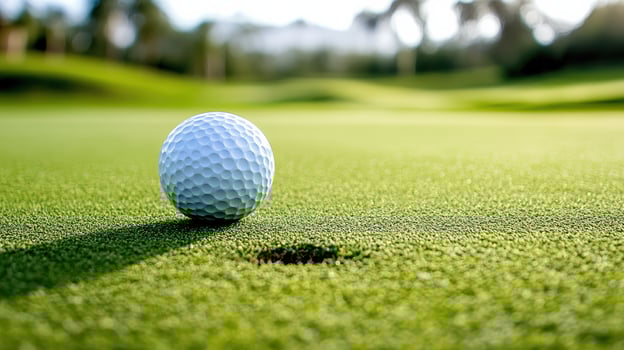 close up of golf ball rolling towards hole on green course photo