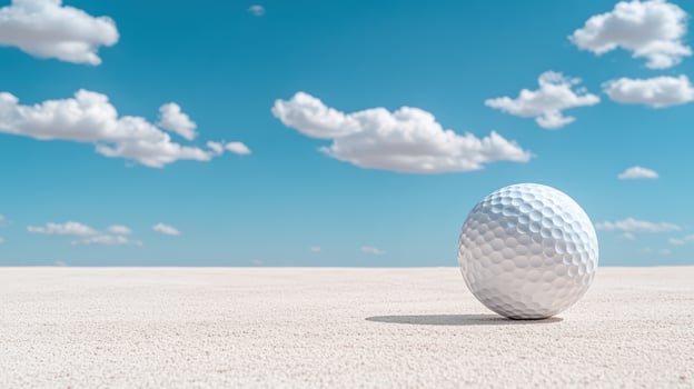 golf ball resting on sandy terrain under bright blue sky photo