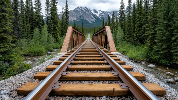 High resolution image of historic railway bridge surrounded by mountains photo